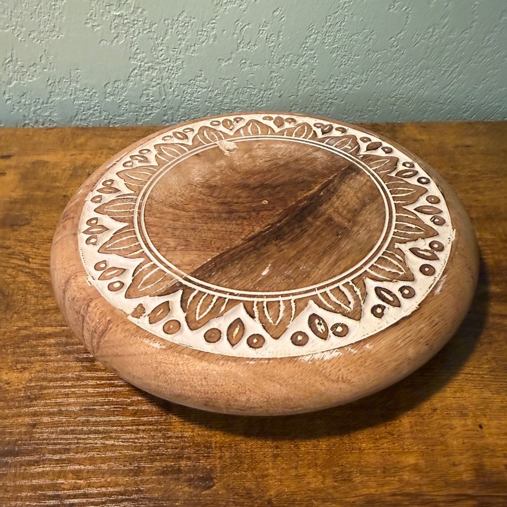 Boho Wooden Mandala Pedestal Riser Round Footed Display Trinket Tray 8.5" Hippie